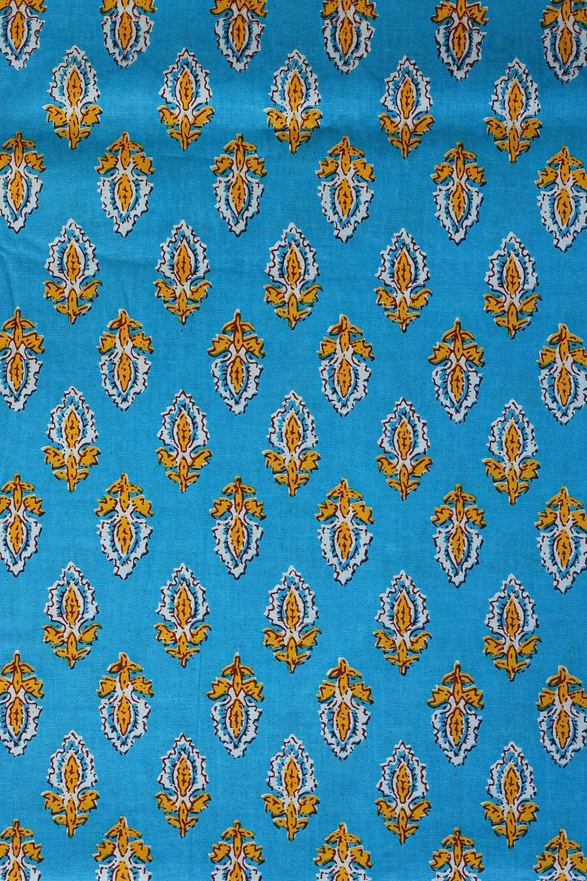 Yellow And White Small Floral Booti Pattern Print On Blue Pure Cotton Fabric