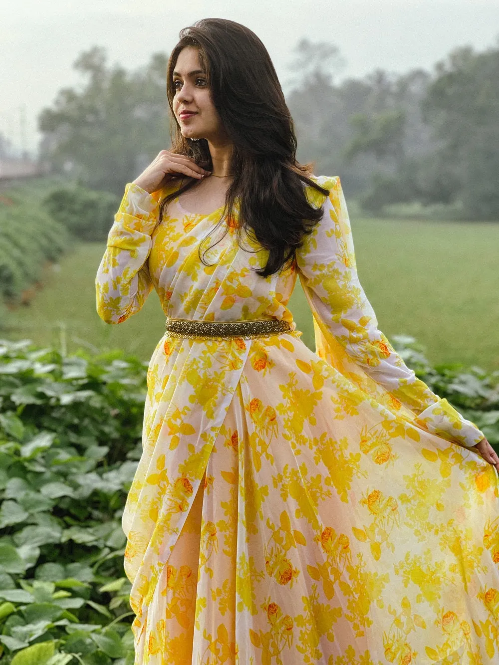 Yellow Color Digital Printed Georgette Gown