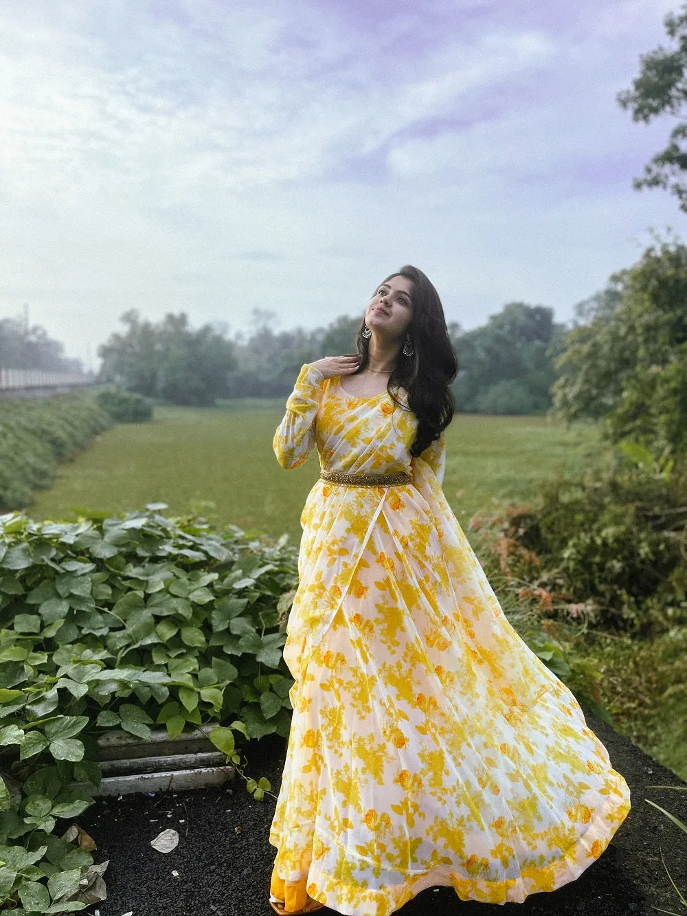 Yellow Color Digital Printed Georgette Gown