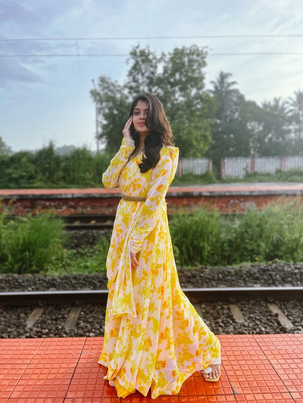 Yellow Color Digital Printed Georgette Gown